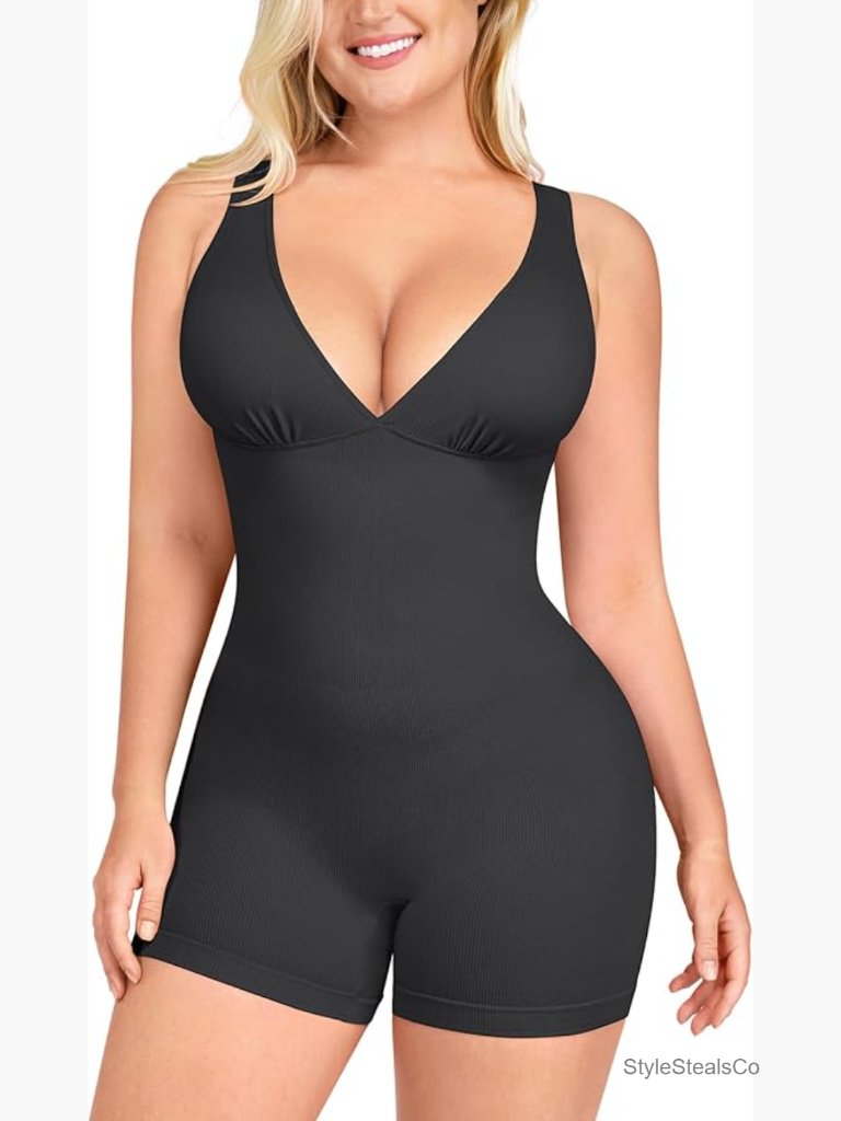 Tummy Control Workout Romper One Piece Jumpsuit V Neck Sleeveless Bodysuit